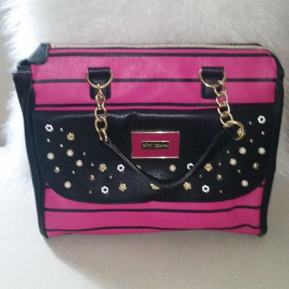Betsey Johnson pink and black striped with pearl& rose satchel EUC - Picture 1 of 6